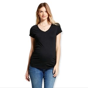 Short Sleeve • V-Neck • Side Shirred • Black Maternity Shirt